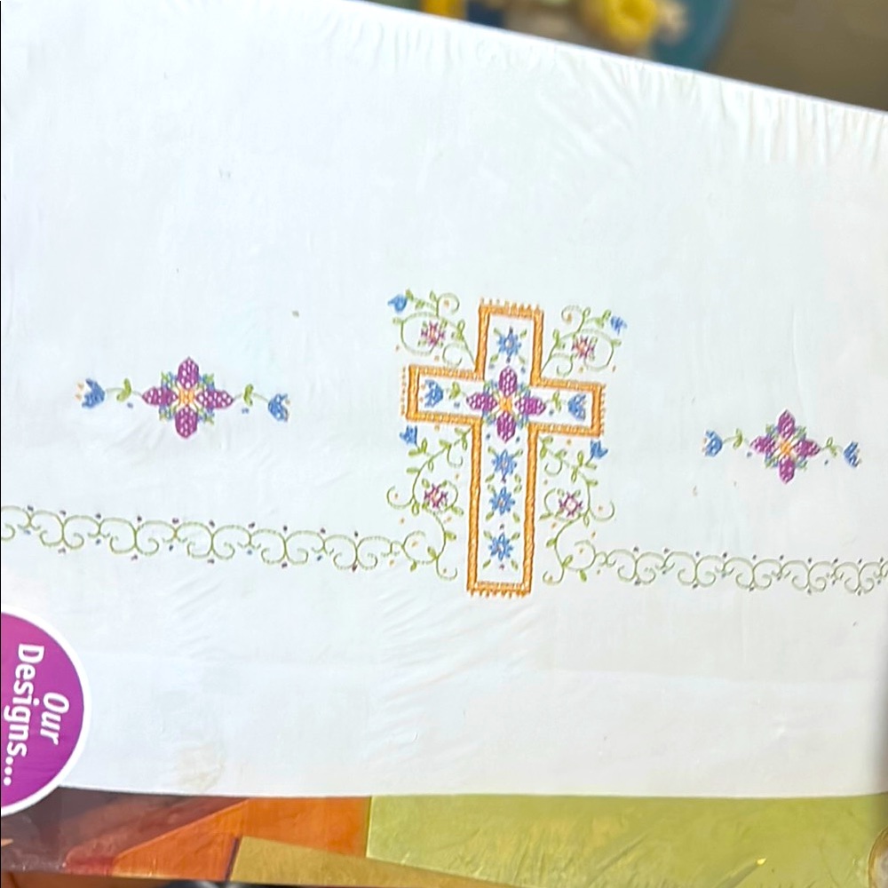NIP Janlynn Religious Cross Stamped Pair Pillowcases to Embroider DIY Cottage